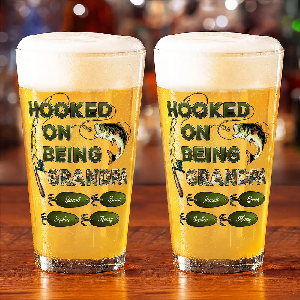 Hook On Being Grandpa Fishing Camouflage - Personalized Beer Glass - Gift For Dad Papa On Father's Day, Birthday Gift