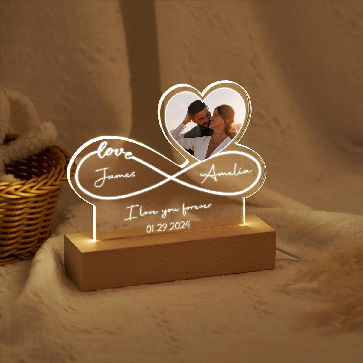 Infinity Love Custom Couple Photo Night Light Plaque, Bedroom Decor, Gift for Couple
