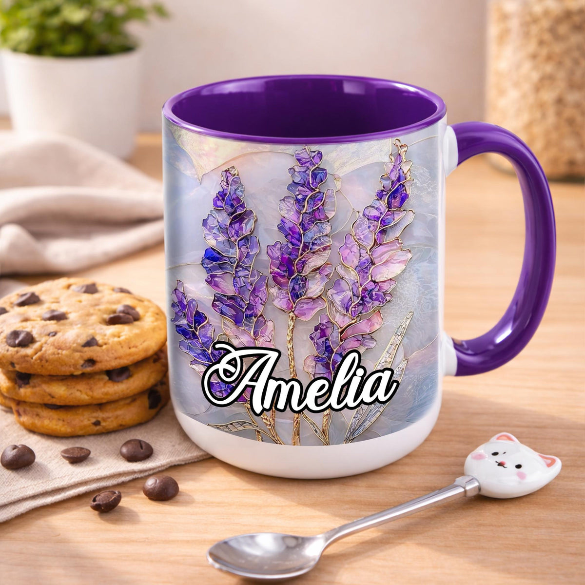 Custom Name Floral Coffee Mug, Personalized Flower Mug, Stained Glass Flower Mug, Mother's Day Gift for Mom