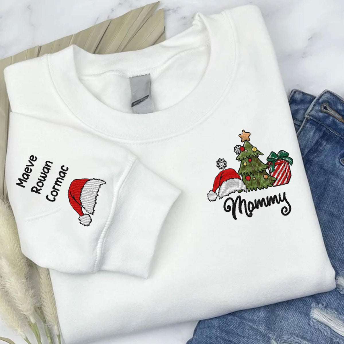 Personalized Grandma Embroidered Sweatshirt, Custom Christmas Nana Sweatshirt and Grandkids Names On Sleeve, Christmas Gift for Mom, Nana