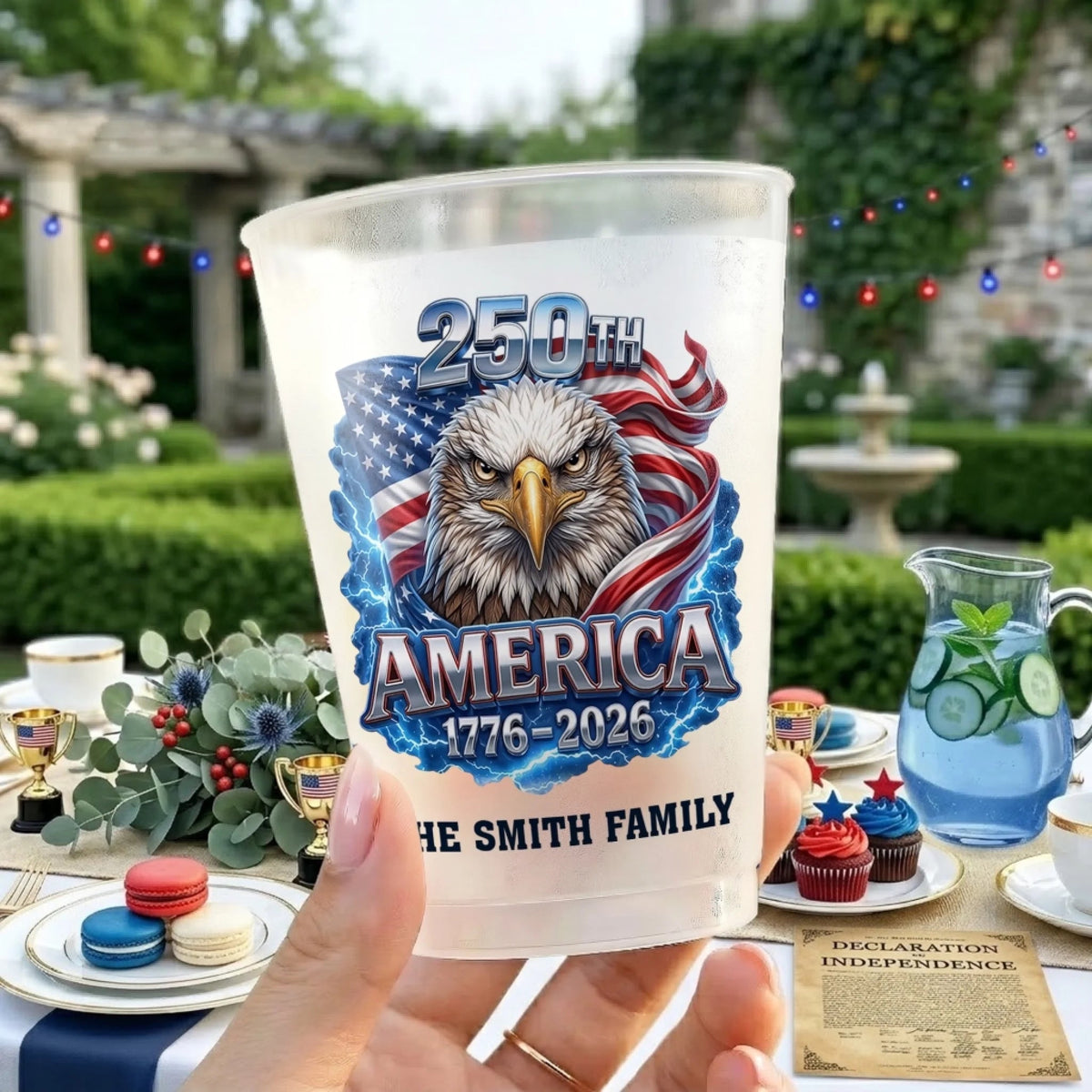 Personalized America Freedom Frosted Party Cup, Custom Family Name Independence Day Drinkware, 4th Of July Gift