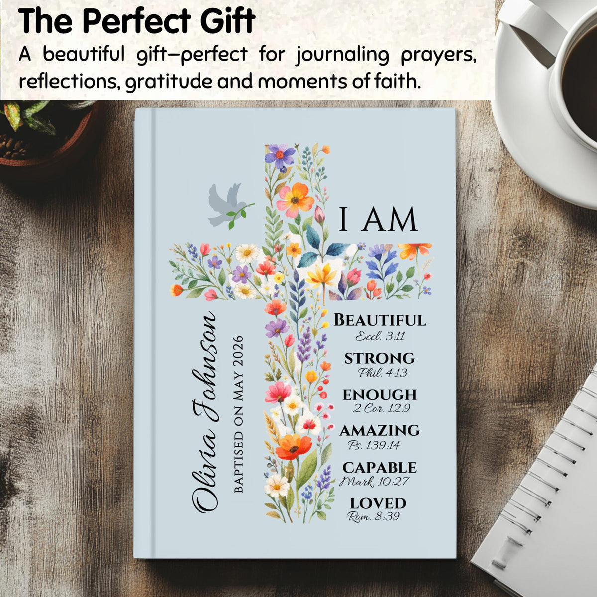Personalized Confirmation Gift for Teens, Floral Cross Journal with Custom Name, First Communion Keepsake for Girls, Baptism Journal