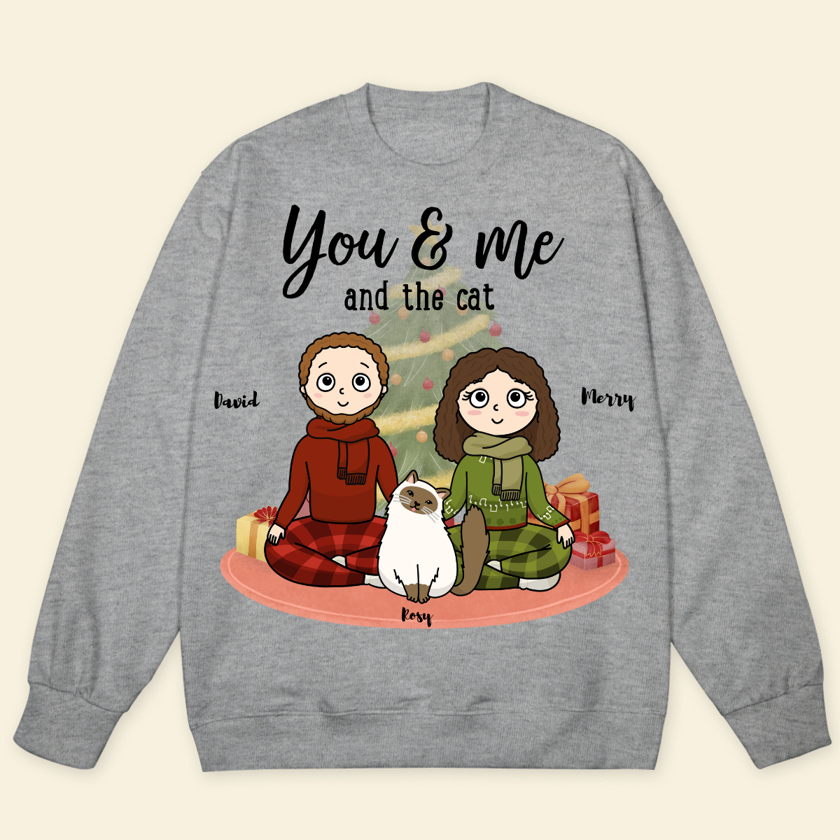You, me & the cats Christmas Tree Personalized Sweatshirt Christmas Gift For Cat Lovers Custom Cat Breed Cat Dad Cat Mom Winter Season Gift