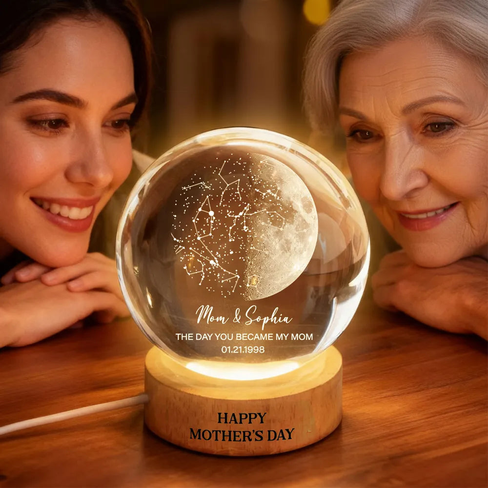 Custom Moon Phase & Star Map by Date Engraved Wooden Base - Personalized Crystal Ball LED Night Light - Gift for Mom, Mother's Day Gift