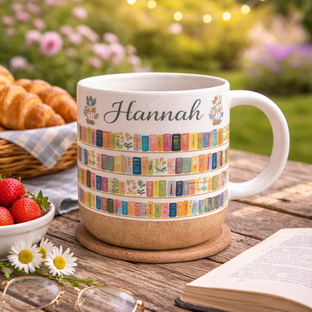 Vintage Bookshelf Library Pottery Mug, Floral Bookish Gift for Reader, Aesthetic Library Coffee Cup, Book Lover Birthday Gift