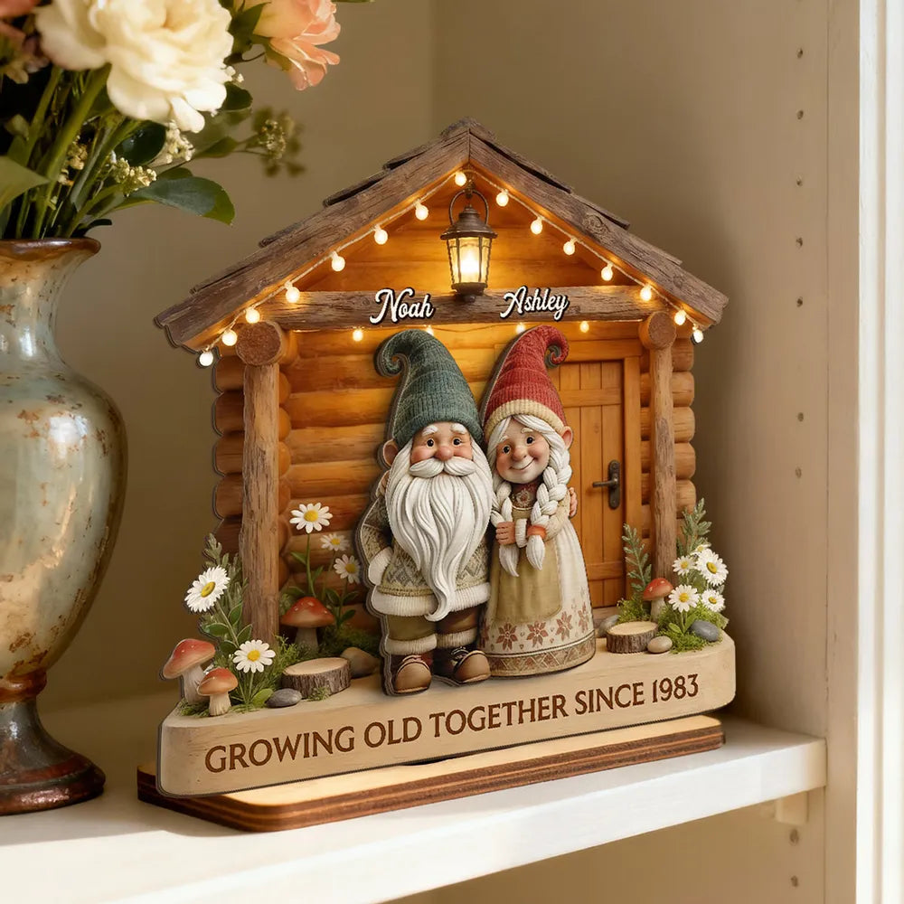 Eternal Love Gnome Couple At Wooden Cabin - Personalized Wooden Plaque - Heartfelt Gift For Couple