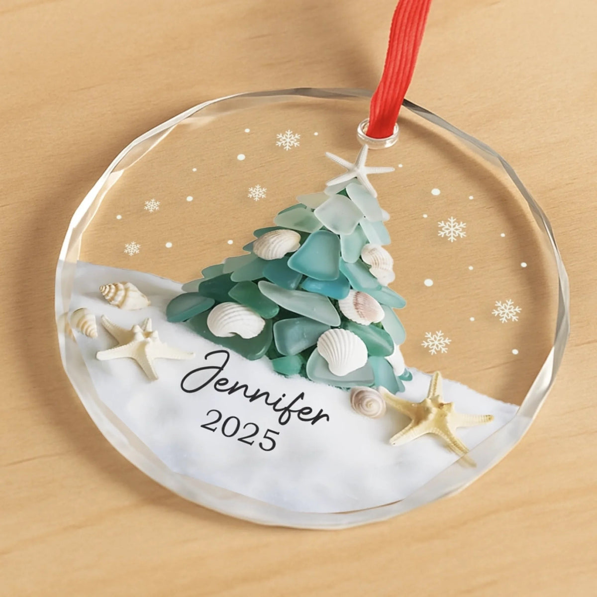 Christmas Coastal Sea Glass - Personalized Crystal Ornament - Christmas Gift For Sister, Friend, Family