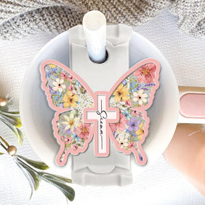 Personalized Butterfly Cross Christian Tumbler Name Tag, Christian Girls Tumbler Tag, Faith Cross Lid Tag