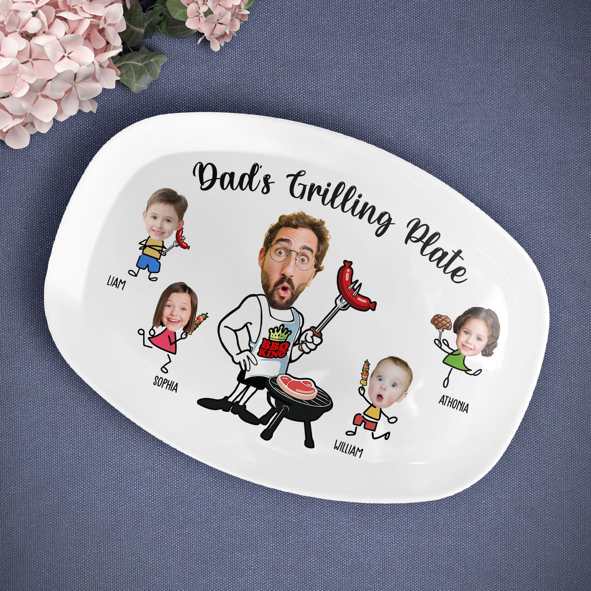 Dad's Grilling Plate Custom Kid's Face - Personalized Platter - Gift For Dad, Father's Day Gift
