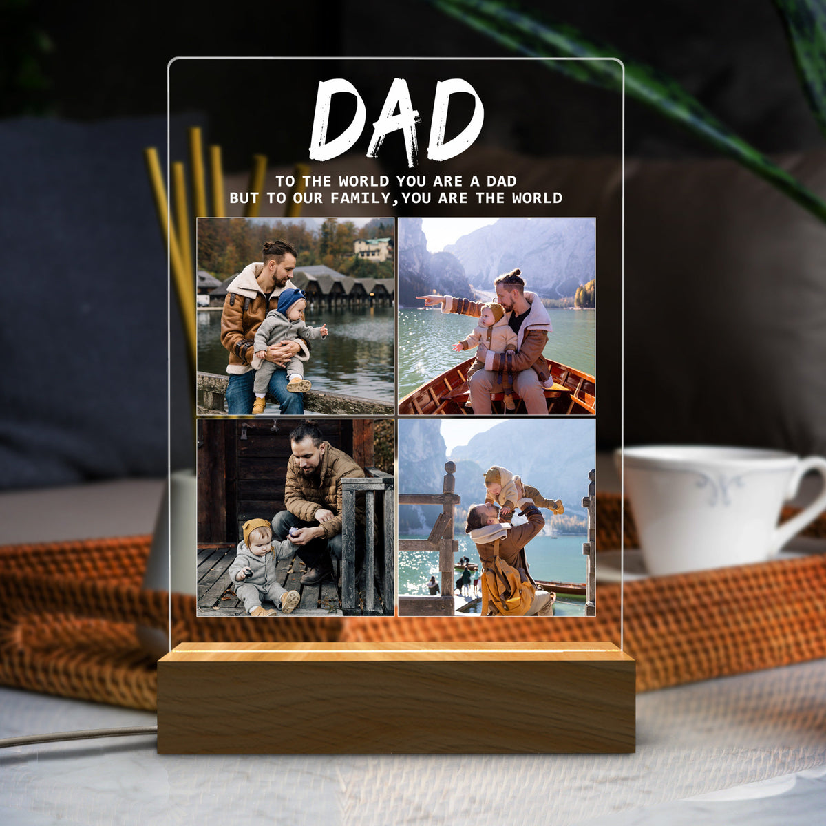 Dad You Are The World Photo Collage - Personalized 3D LED Light Wooden Base - Gift For Father