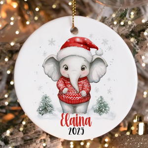 Personalized Elephant Christmas Ornament, Kids Name Ornaments, Custom Santa Elephant Ornament, Childrens Gift for Boys, Girls Elephant Gifts
