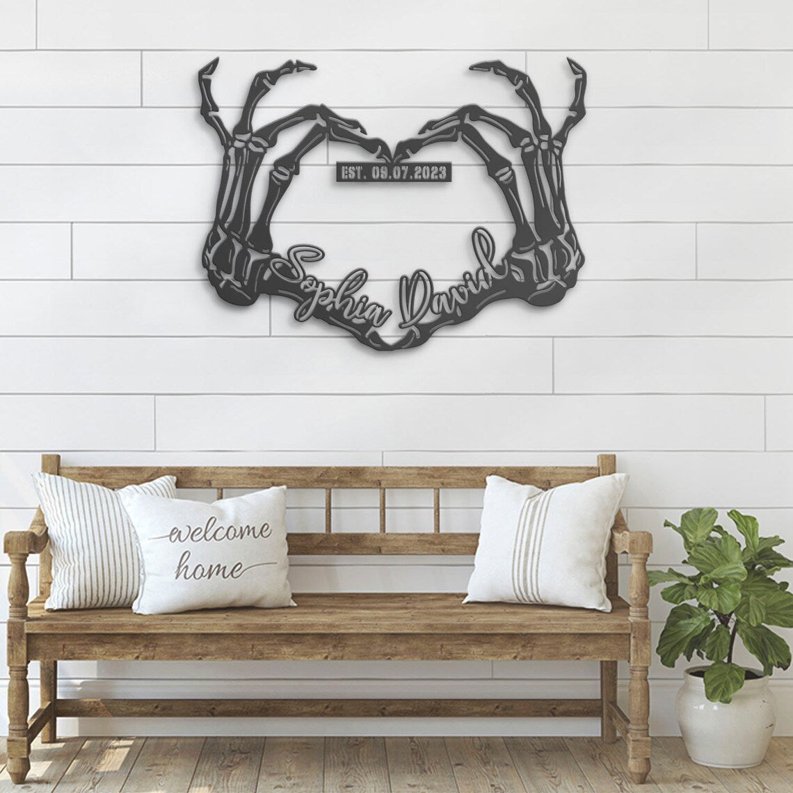 Custom Skeleton Hand Heart Name And Date Metal Wall Art LED Light, Personalized Heart Infinity Sign Decor, Couple Halloween Love Decoration