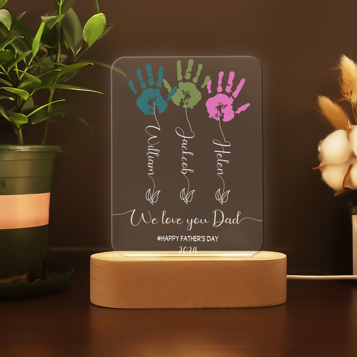Father's Day Handprint Art Night Light, Flower Handprint Led Lamp, Gifts For Dad Lamp, Father's Day Gift