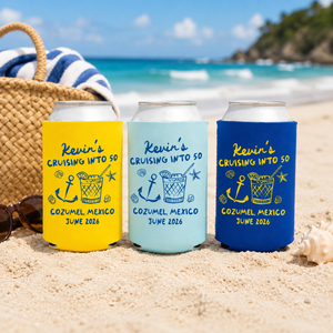 Custom Birthday Cruise Can Coolers, Cruising into 30th, 40th, 50th Personalized Can Sleeves, Custom Beach Boat Birthday Party Favors