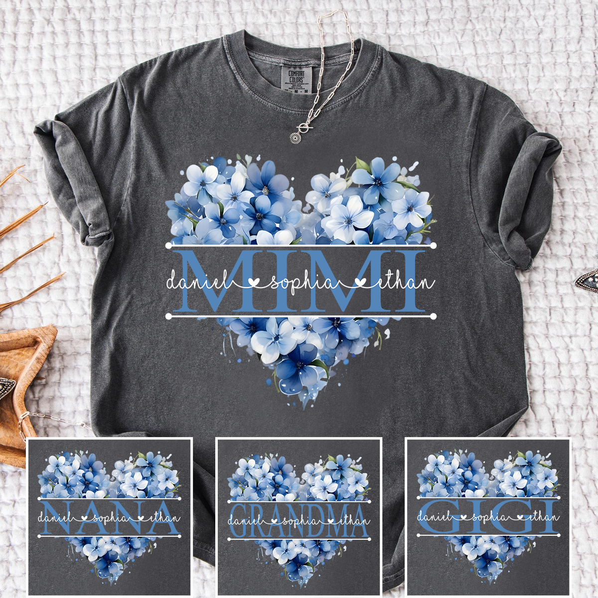 Personalized Mimi Shirt with Blue Floral Heart Design, Custom Grandma Mother Gift with Grandkids Name