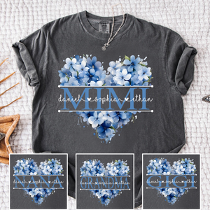 Personalized Mimi Shirt with Blue Floral Heart Design, Custom Grandma Mother Gift with Grandkids Name