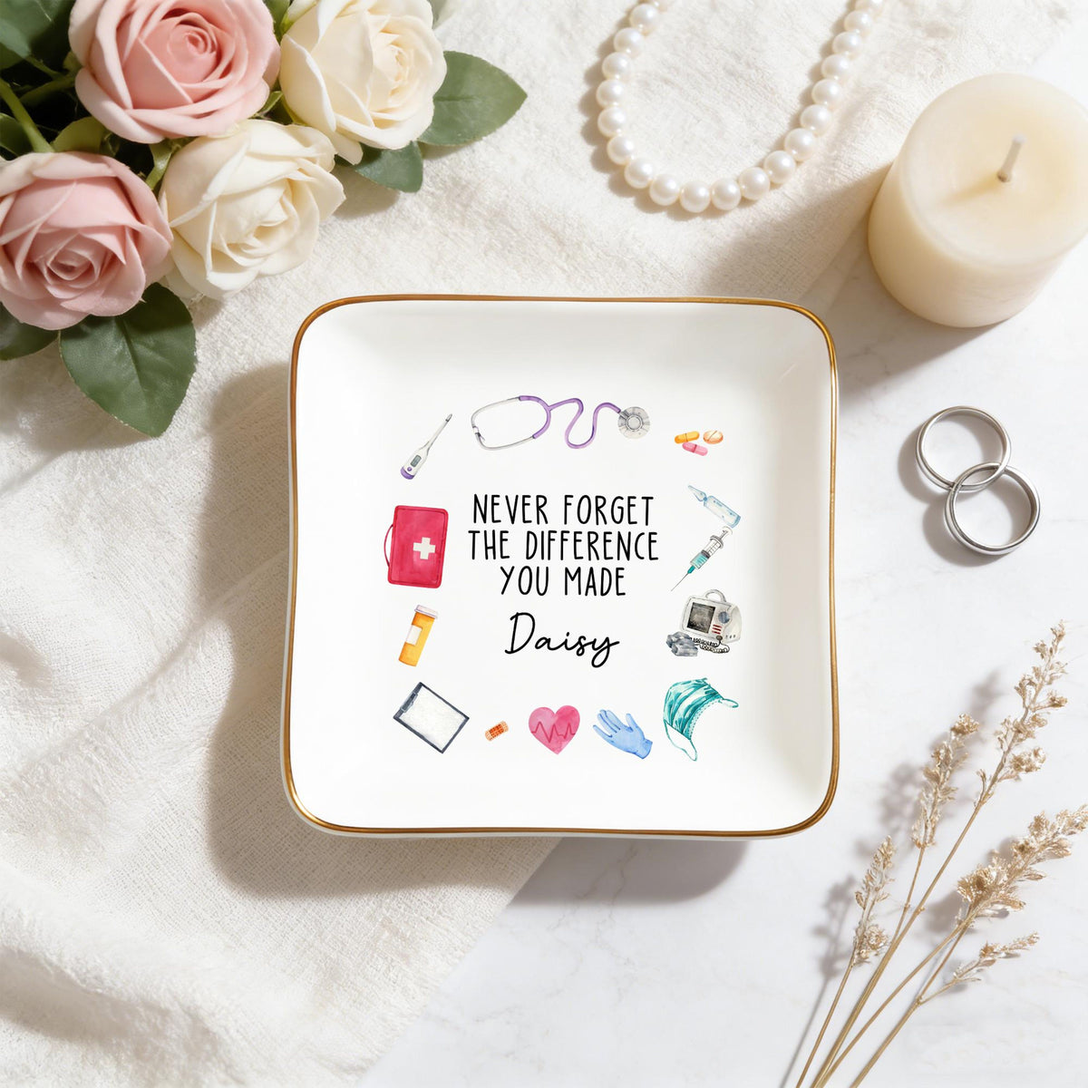 Personalized Nurse Jewelry Dish - Nurse Graduation Jewelry Dish, Stethoscope Name Trinket Dish, Never Forget The Difference You Made