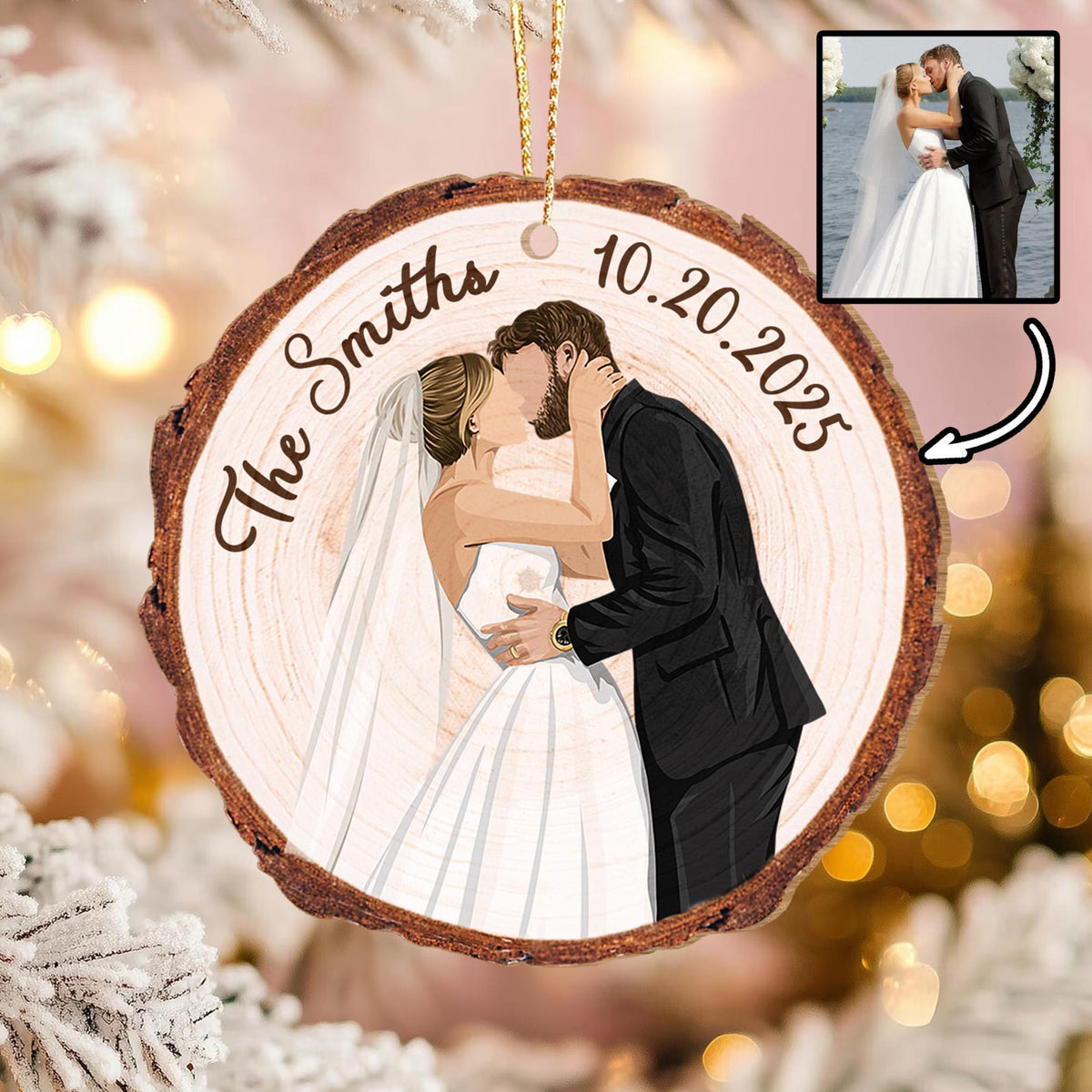 Personalized Christmas Married Ornament, Custom Portrait From Photo Wooden Ornament, Wedding Keepsake Gift, Newly Wedding Gift For Couples