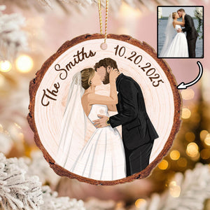 Personalized Christmas Married Ornament, Custom Portrait From Photo Wooden Ornament, Wedding Keepsake Gift, Newly Wedding Gift For Couples