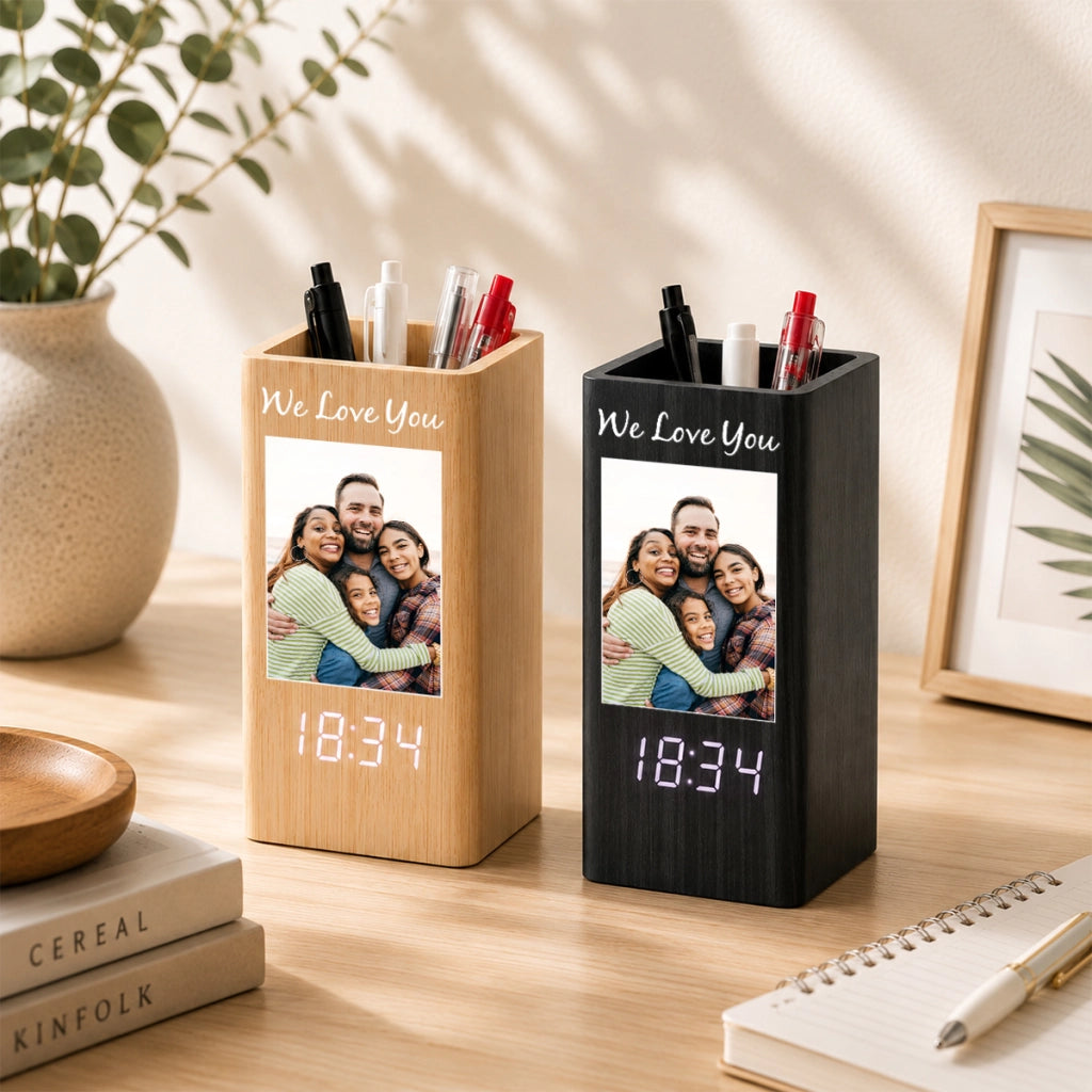 Personalized Photo Pen Holder Clock, Custom Wooden Desk Organizer with LED Digital Clock, Personalized Office Gift for Him Her, Custom Picture Holder