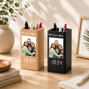 Personalized Photo Pen Holder Clock, Custom Wooden Desk Organizer with LED Digital Clock, Personalized Office Gift for Him Her, Custom Picture Holder