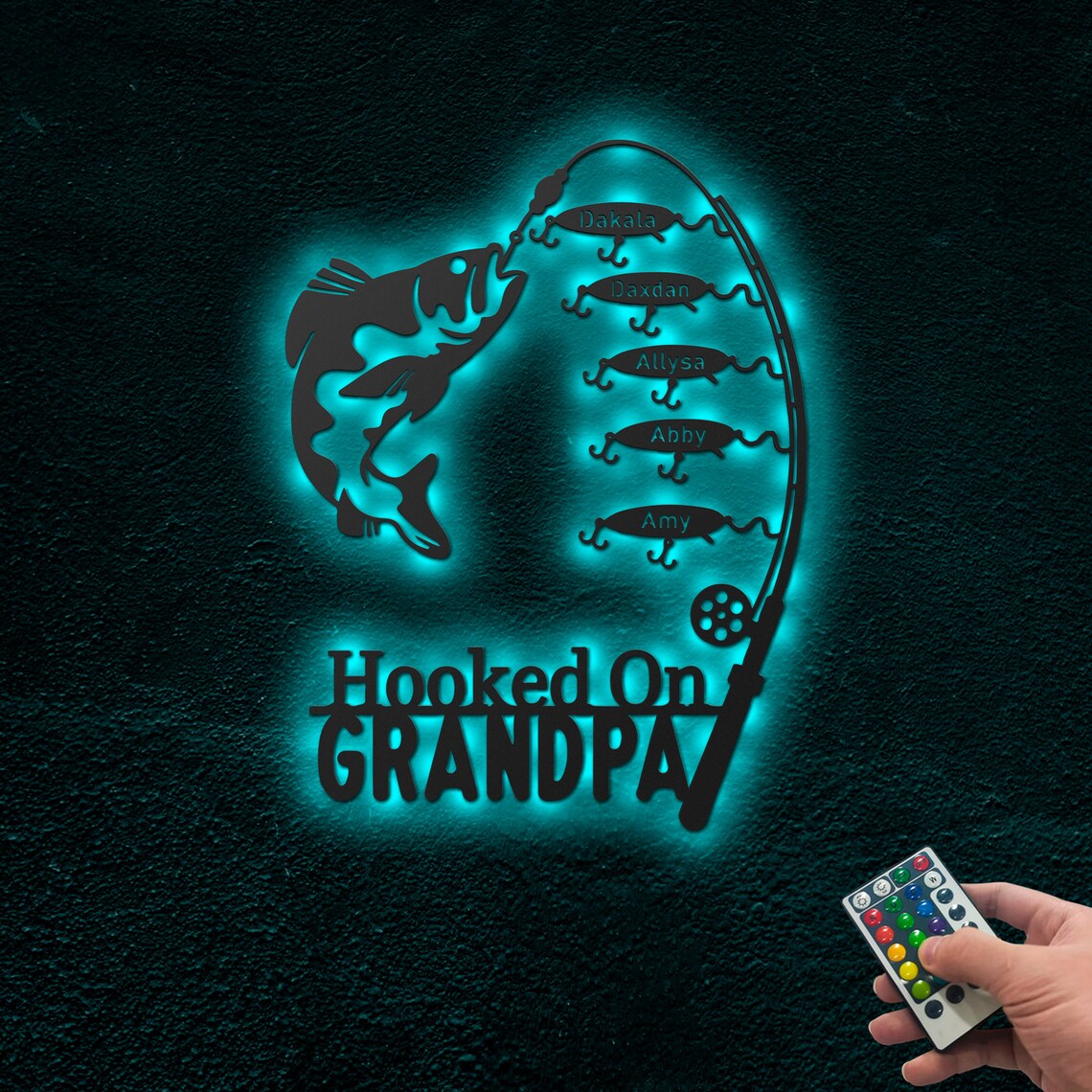 Hook on Grandpa Sign with LED Personalized, Dad Fishing Custom Name Sign, Fishing Trip Wall Sign, Gift For Him, Man, Father, Grandfather