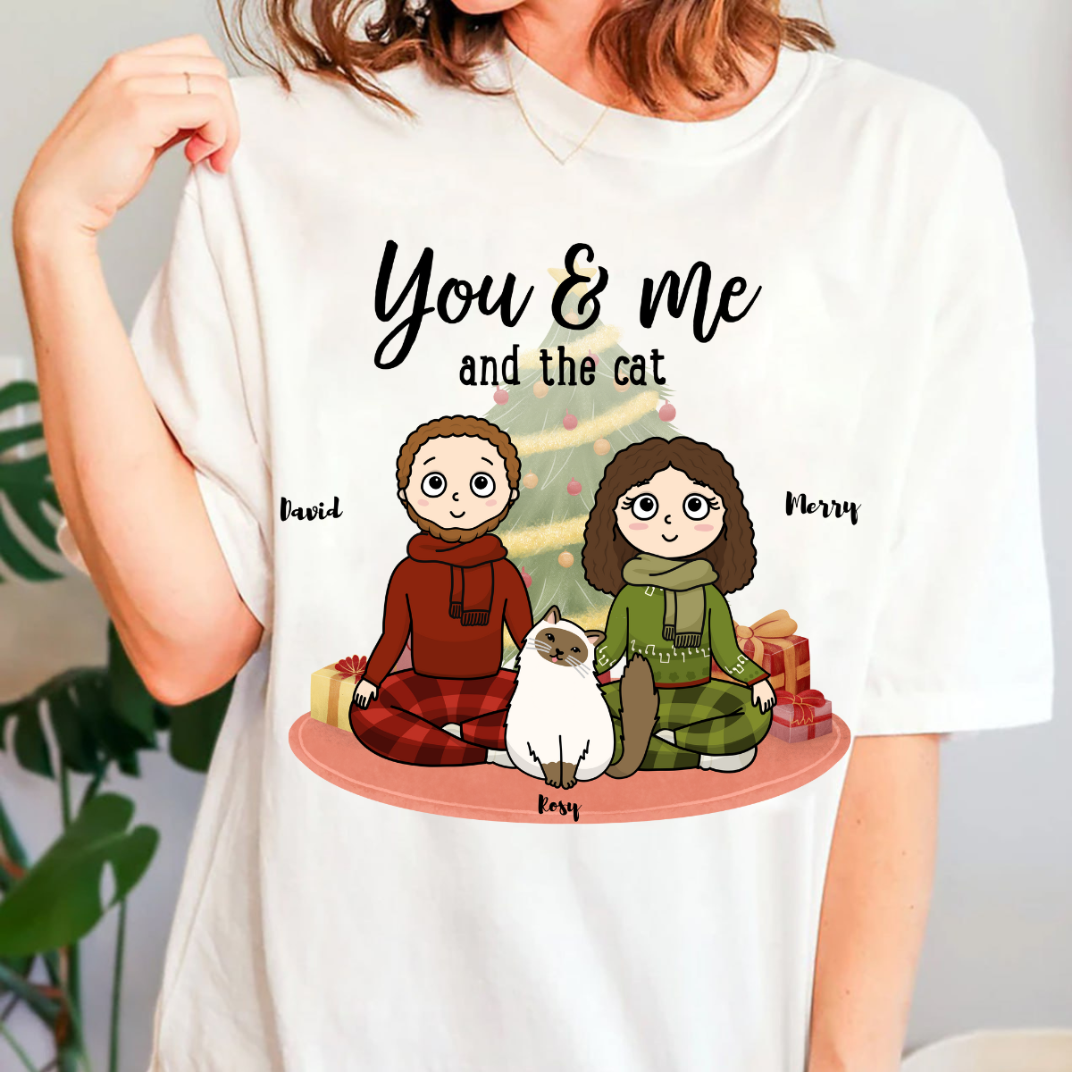 You, me & the cats Christmas Tree Personalized T Shirt Christmas Gift For Cat Lovers Custom Cat Breed Cat Dad Cat Mom Winter Season Gift