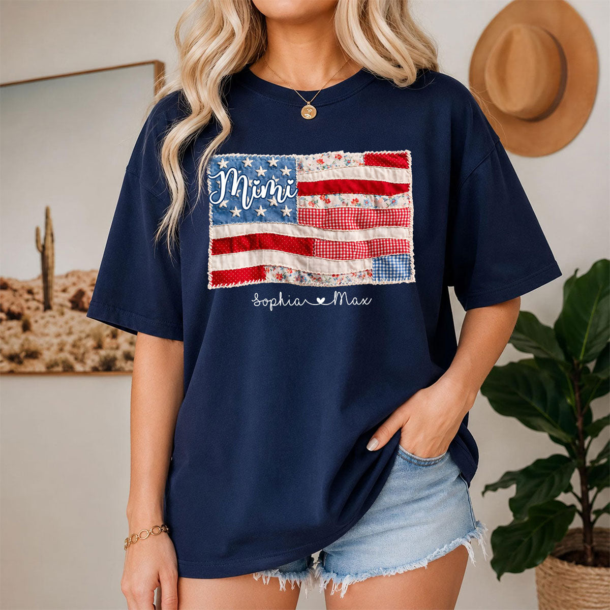 Mimi Shirt with Kids Names Patriotic Patchwork American Flag Design Custom Family Tee