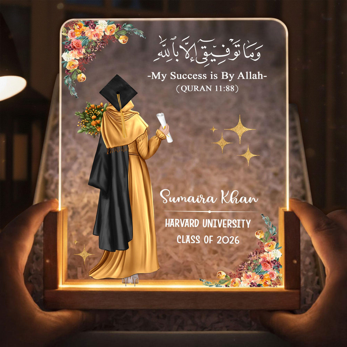 Custom Muslim Graduation Night Light with Wooden Base, Islamic Highschool College Grad Gifts, Muslim Graduate Keepsake Gift, Class of 2026