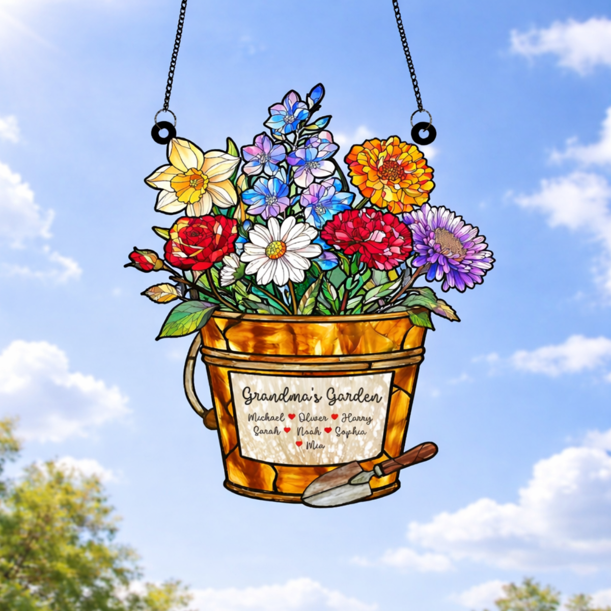 Grandma's Bucket Birth Flower Suncatcher, Grandma's Garden, Mom Gift, Birth Month Flower Stained Glass Acrylic Window Hanging, Mothers Day Gift