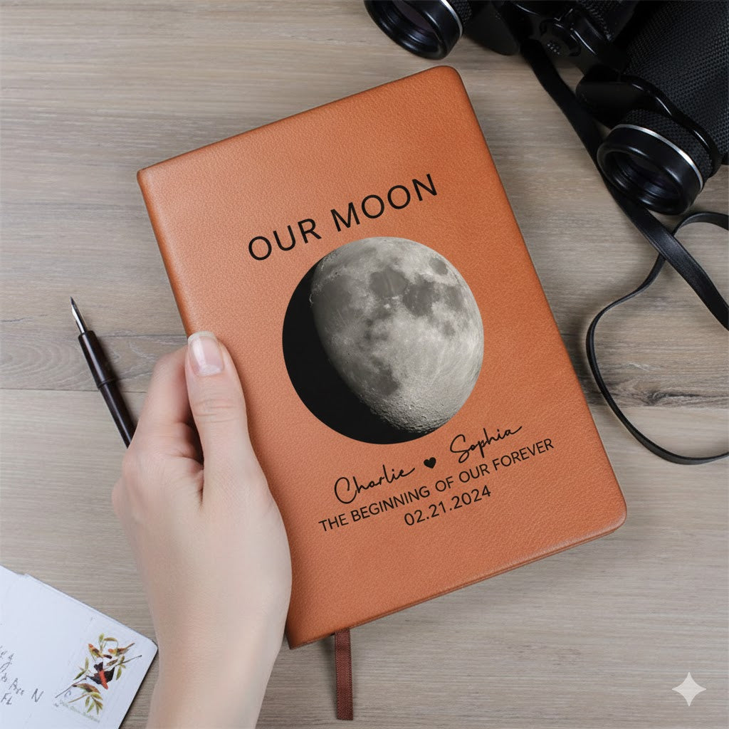 Our Moon Couple Moon Phase - Personalized Graphic Leather Journal - Anniversary Gift For Him Gift For Her