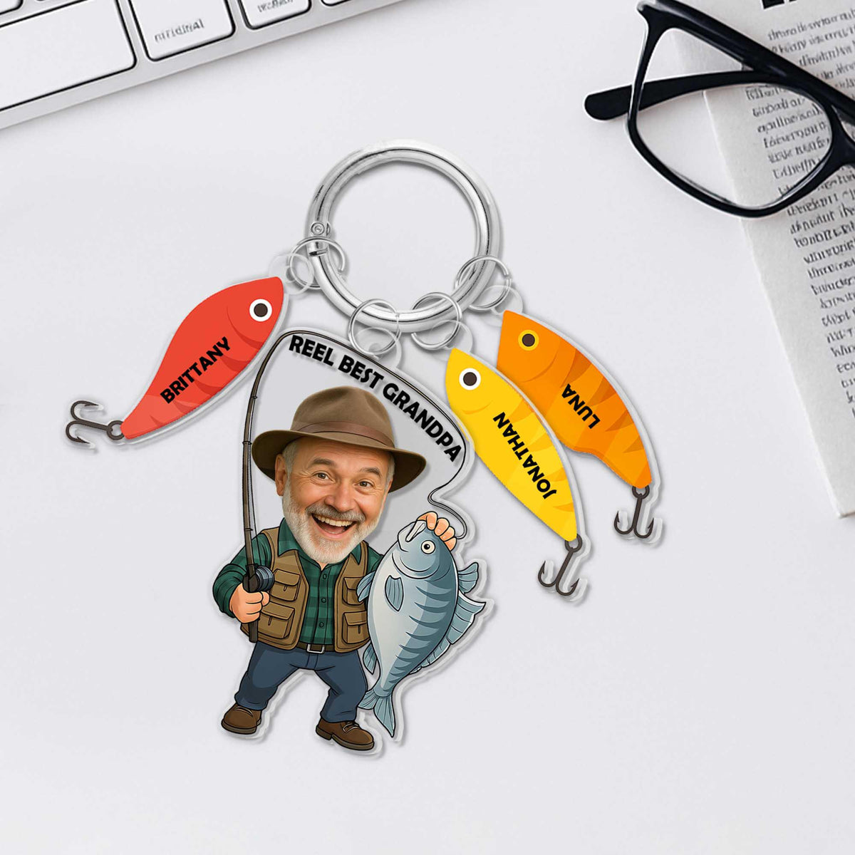 Reel Best Grandpa Fishing Keychain Custom Photo & Name Gift, Personalized Father s Day Keyring for Fisherman Grandpa