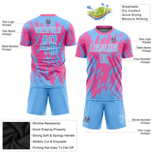 Custom Pink Light Blue-White Sublimation Soccer Uniform Jersey