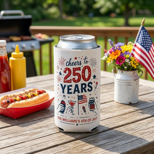 Custom 4th of July Can Cooler, Personalized Cheers to 250 Years, USA Anniversary Party Favor, Patriotic Family BBQ, Independence Day Gift