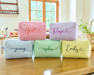 Personalized Seersucker Makeup Bag, Embroidered Cosmetic Bag, Bridesmaid Gifts, Large Capacity Monogrammed Toiletry Bag, Bridal Shower Gifts