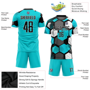 Custom Aqua Black-White Sublimation Soccer Uniform Jersey