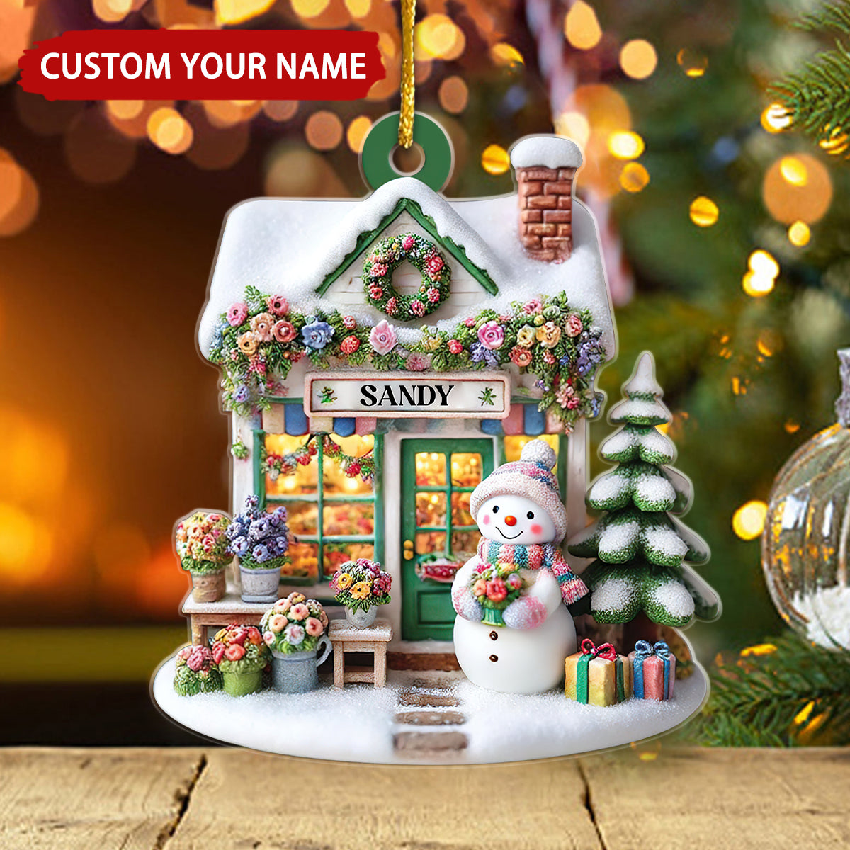 Floral Shop Cute Snowman Personalized Christmas Ornament