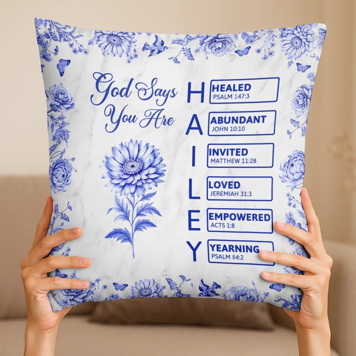 God Says I Am Name Letter In Bible Toile De Jouy Style, Personalized Pillow, Christian Gift, Gift for Her, Mental Health Gift