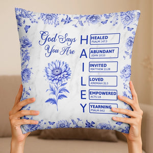 God Says I Am Name Letter In Bible Toile De Jouy Style, Personalized Pillow, Christian Gift, Gift for Her, Mental Health Gift