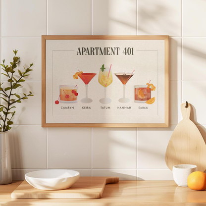 Custom roommates cocktail drink print, Personalised dorm room decor college apartment name sign, wall art decor