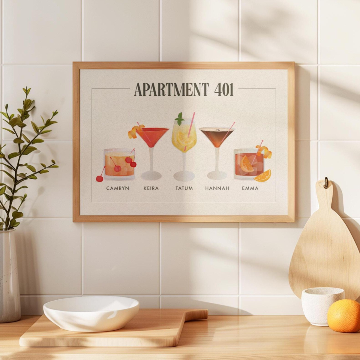 Custom roommates cocktail drink print, Personalised dorm room decor college apartment name sign, wall art decor