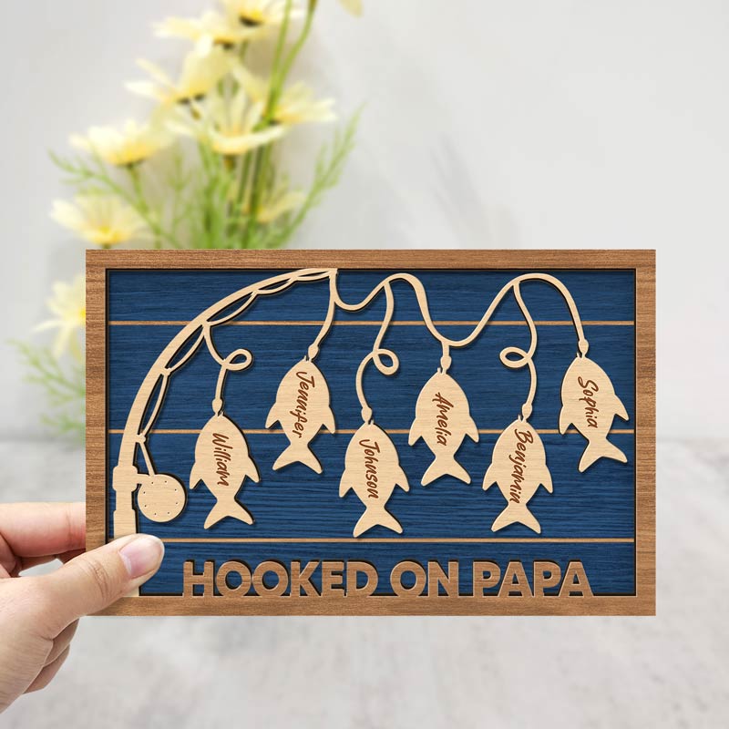 Hooked On Dad Grandpa - Personalized Wooden Plaque - Gift For Father, Grandpa, Father's Day
