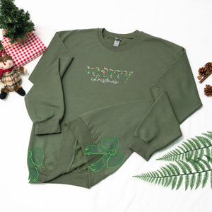 Side Bow Applique Embroidered Sweatshirt, Christmas Bow Embellished Sweatshirt, Side Bow Cut-Out Sweatshirt, Holiday Crewneck Xmas