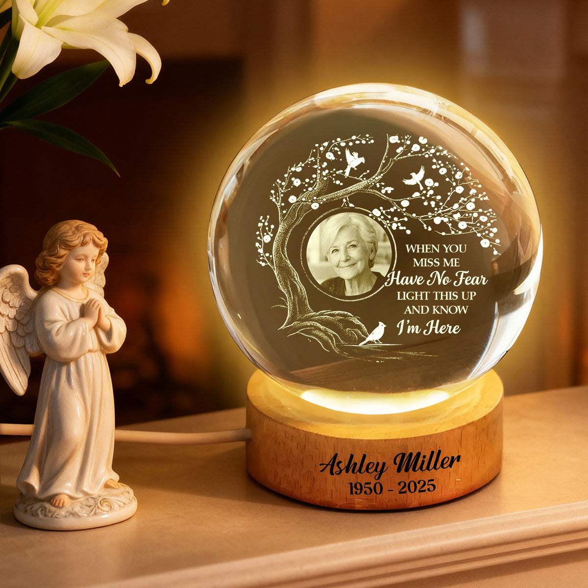 When You Miss Me Light This Up Engraved Text On Wooden Base - Personalized Crystal Ball LED Night Light - Heartfelt Memorial Remembrance Keepsake