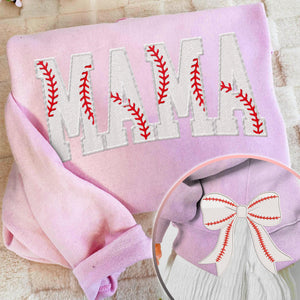 MAMA Baseball Coquette Side Bow Sweatshirt, Retro Trendy Coquette Lover Sweater, Bow Applique Pink Girl Gifts