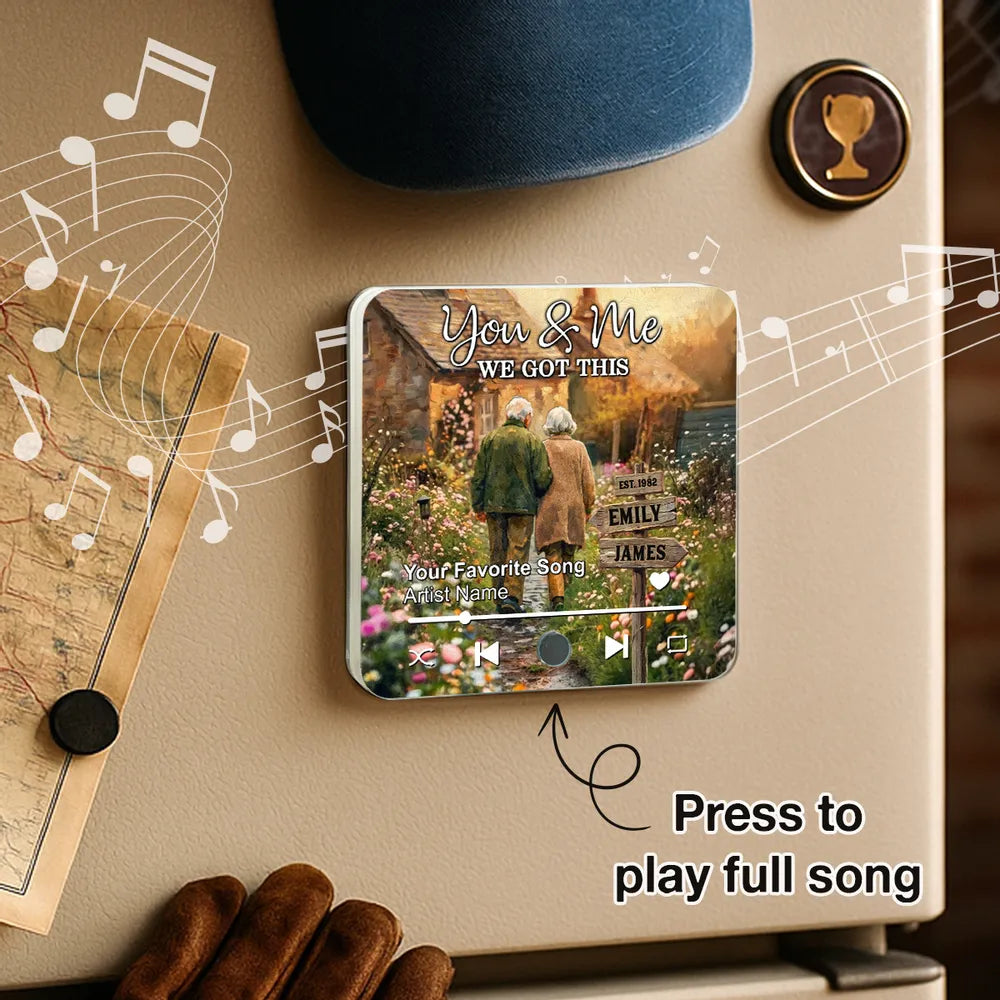 Wild Flower Garden Old Couple Walking Together - Personalized Music Fridge Magnet - Anniversary, Valentine's Day Gift For Couple