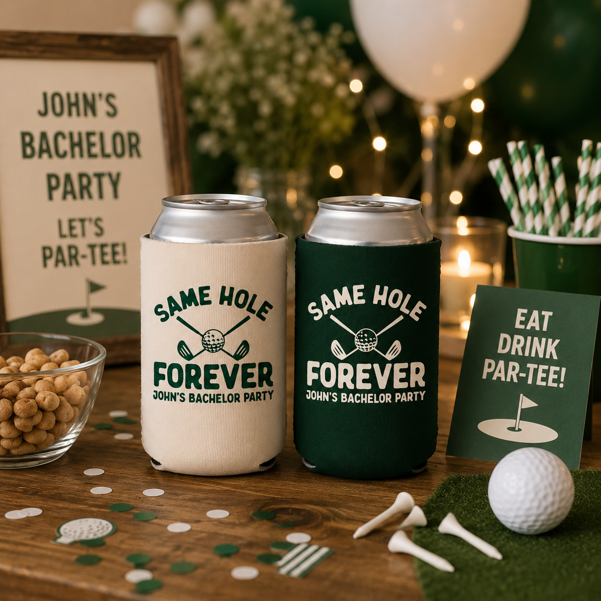 Same Hole Forever Bachelor Can Coolers, Personalized Golf Can Sleeves, Custom Golf Bachelor Party Favors, Bach Can Holder