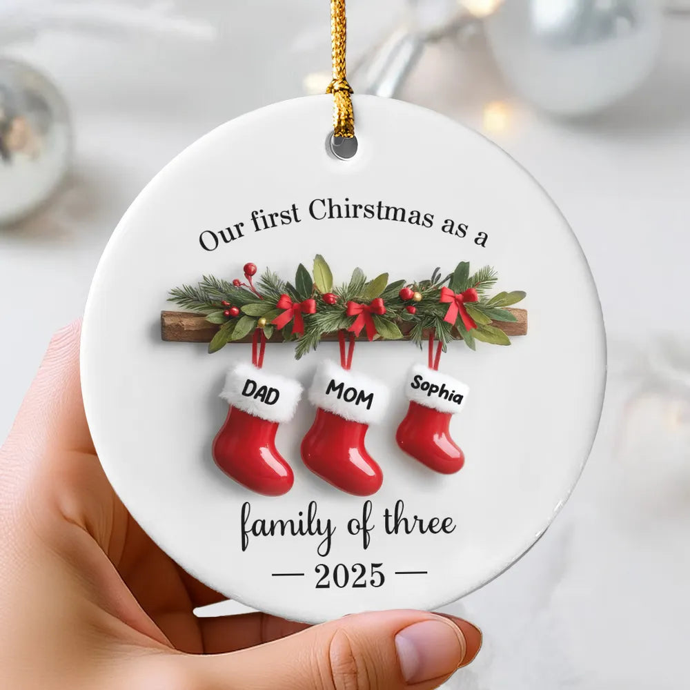 3D Effect Stockings Our First Christmas As A Family - Personalized Ceramic Ornament - Christmas Tree Decor For Family