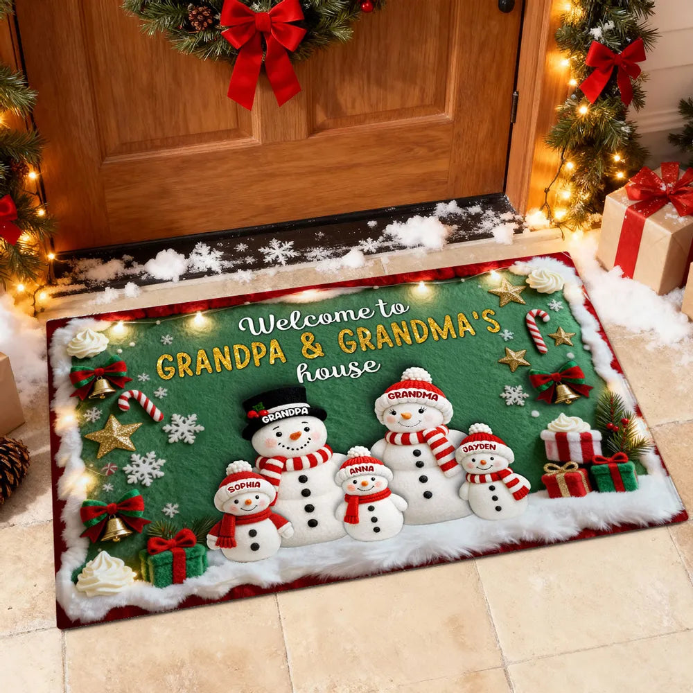3D Effect Festive Christmas Snowman Welcome To Grandma Grandpa House - Personalized Doormat - Christmas Gift For Grandparents