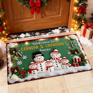 3D Effect Festive Christmas Snowman Welcome To Grandma Grandpa House - Personalized Doormat - Christmas Gift For Grandparents